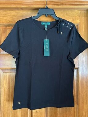 Lauren Ralph Lauren Black Short-Sleeve Tee with Lace-Up Shoulder